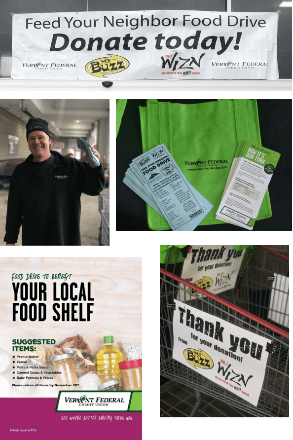 Collage of photos of VFCU's day collecting donations for the Feed Your Neighbor Food Drive event.