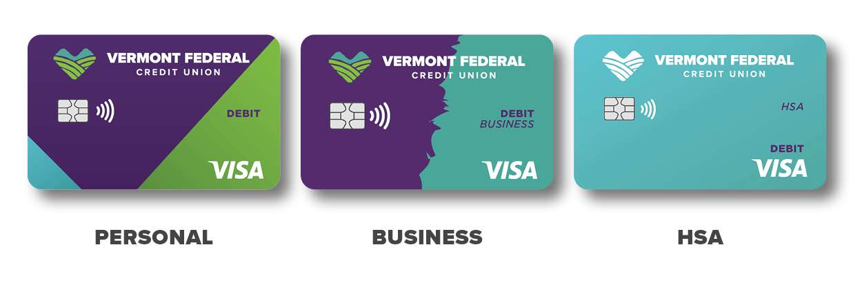 Graphics of new personal, business, and HSA debit cards